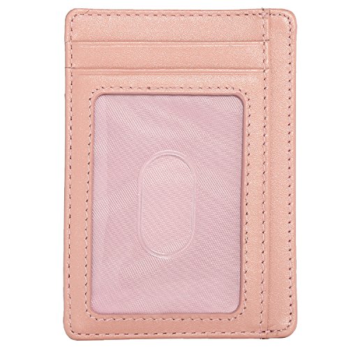 Slim RFID Blocking Card Holder Leather Front Pocket Wallet for Women, Rose Gold