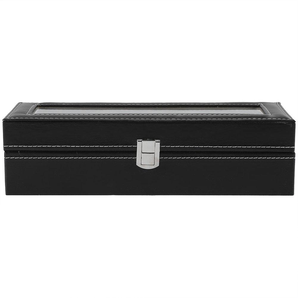 Watch Case Box, 6 Slots PU Leather Black Classic Watch Jewellery Display Storage Organizer Box Case With Clear Glass Top