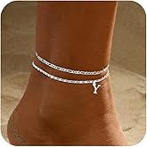 Tasiso Initial Ankle Bracelets for Women，Layered Waterproof Anklet for Women Sterling Silver Plated Anklets Layering Thin Figaro Letter Anklet Summer Jewelry Gifts for Women