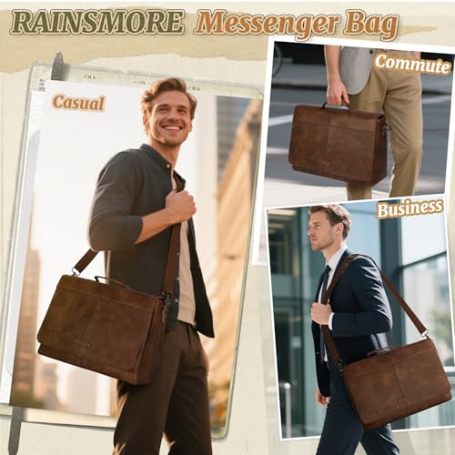 RAINSMORE Men's Messenger Bag, 15.6 Inch Laptop Briefcase in Vegan Leather Vintage Waterproof, Professional Messenger Bag for Office, College and Travel, brown, Retro