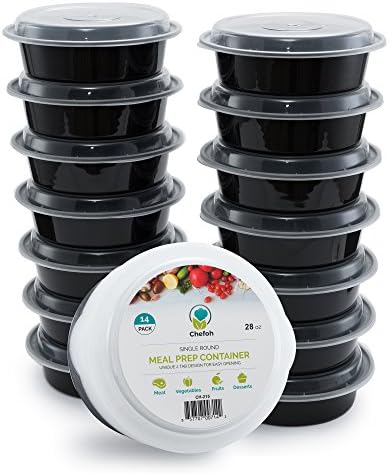 Pack of 14 Plastic Meal Prep Containers | Round Bento Box | 28 Oz Single Compartment Lunch Box with Air-tight Lids | Food Safe