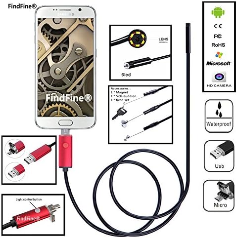 Red 10m 32.8ft Cable 5.5mm Lens 2 In 1 Dual Usb Android Smartphone HD Endoscope Inspection Ultra Slim 6 LEDs IP67 Waterproof Snake Borescope Mini USB Inspection Camera FindFine®