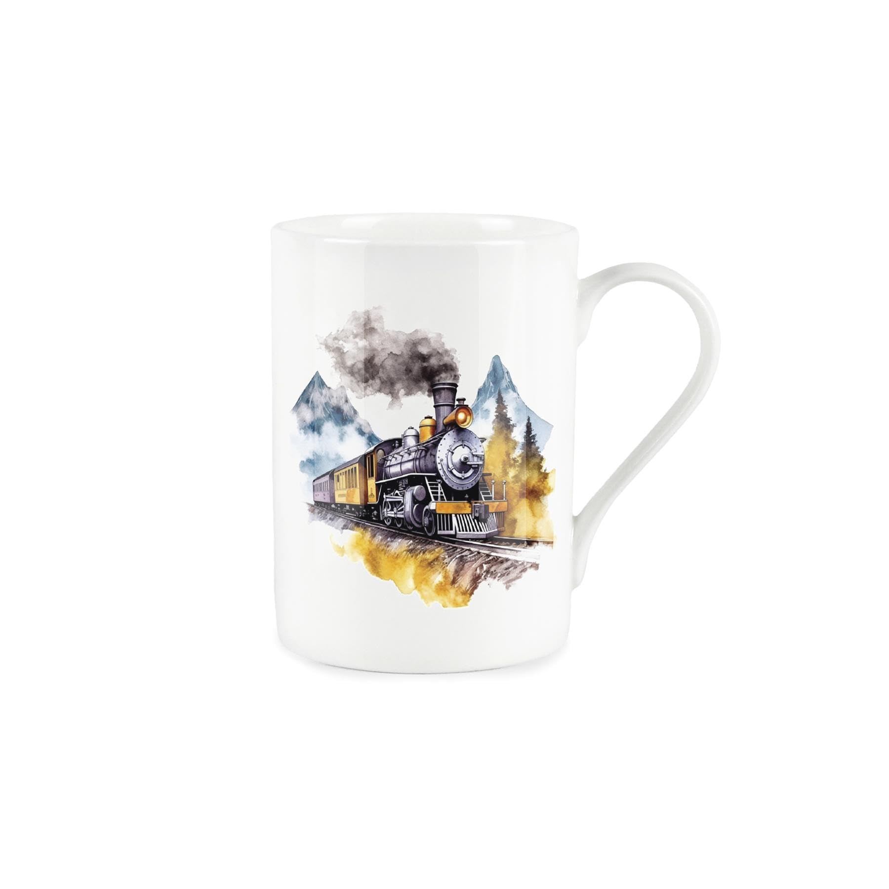 Purely Home Steam Train Mug - American Trains Mountains Scene - Bone China White Mug Coffee/Tea Present Gift for Train Enthusiasts