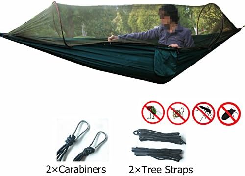 TOMTU Lightweight &amp; Portable Nylon Camping Hammock, Simple Tent, 70D Parachute Double Hammock with Mosquito &amp; Bugs Net, 2 Tree Straps – 440lbs Great for Indoor Travel Adventure Hiking Beach Yard Black