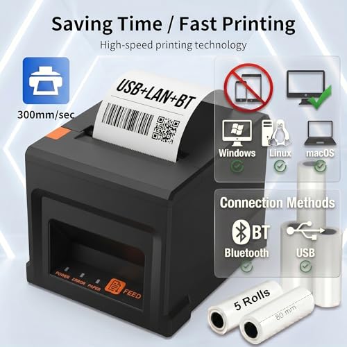 Fuhuihe 80mm Thermal POS Printer with Automatic Cutter and 5 Rolls of Paper - 300mm/s for Windows PC, USB LAN Bluetooth