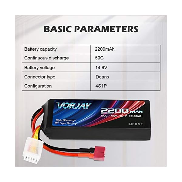 VORJAY 4S 14,8V Lipo RC Akku 50C 2200mAh Lipo Batterien mit Deans T und XT60 Stecker Batterie für RC LKW, RC Flugzeug… – Bild 5
