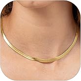 FOCALOOK 14K Gold Plated Necklaces for Women, Fashion Herringbone Choker Necklace Stainless Steel Flat Snake Chain 3/5MM(W) 12.5"/15"/18"+3.5"(L)
