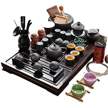 ufengke Chinese Ceramic Kung Fu Tea Set With Wooden Tea Tray And Small Tea Tools, Tea Service, Toy Tea Set For Gift, Office Home Use, White And Black