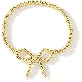 SHINUS BOHO Dainty Gold Beaded Bow Bracelet for Women,Handmade Boho 14K Gold Plated Bead Bowknot Stretch Bracelet Cute Prom Jewelry Gift