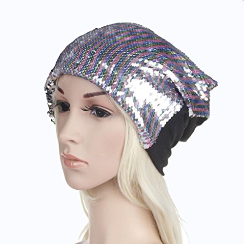 Unpara Turban Headdress With Bling Glitter Sequins Knit Crochet Ski Hat Braided Cap (Pink)