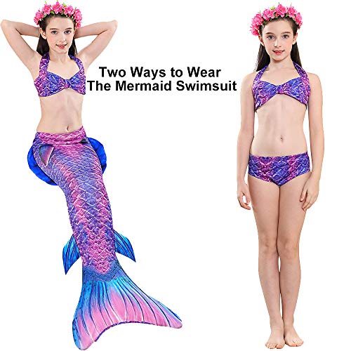 3 PCS Girls Mermaid Tail Swimsuit for Swimming Bikini Princess Can Add Monofin (A-Noble Purple, 10-12/ (Tag 150) / Ht:55-60in)