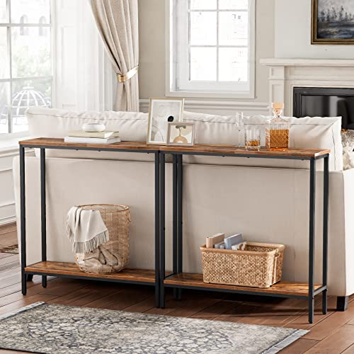 HOOBRO Narrow Console Table for Living Room, Skinny Entryway Table with Storage Shelves, Slim Sofa Table for Hallway, Industrial Console Table Entrance for Bedroom, Rustic Brown and Black EBF22XG01