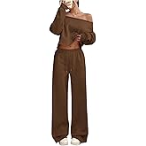 SOLY HUX Women's 2 Piece Outfits Fall Sweatsuits Off The Shoulder Crop Top Wide Leg Sweatpants Casual Matching Lounge Sets