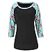 Lisli Women Color Block Floral Prints 3/4 Raglan Sleeves Tops Tee Shirt Casual Blouse (M, Black)
