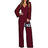 Pink Queen Jumpsuits for Women Dressy Patchwork Chiffon Sleeve V Neck Wide Leg Romper Holiday Party Outfits