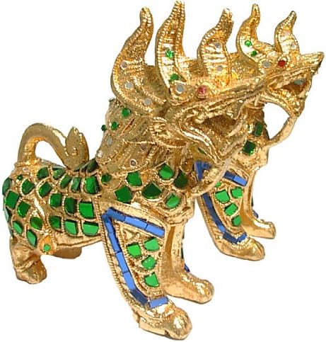 GIVEORBUY SellerGiveOrBuy Pair Gilt Carving Singha Thai Lion Foo Dog Statue Decor Made from Thailand