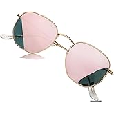 HJSTES Small Polarized Sunglasses Women Men Trendy Hexagonal Metal Frame Mirrored Lens UV Protection