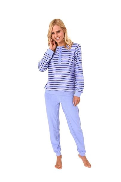 Damen Frottee Schlafanzug, Rundhals, Knopfleiste, Langarm, Bündchen, Ringel Oberteil, Uni Hose