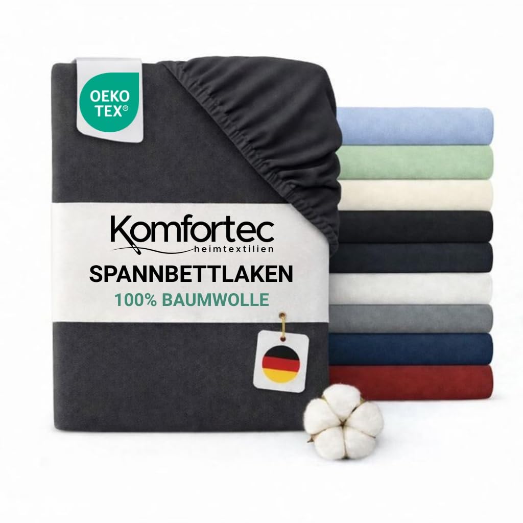 Komfortec Spannbettlaken Jersey 100% Baumwolle – 140x200 cm – 135g/m² – Weich, Atmungsaktiv & Hautfreundlich – Mit Rundumgummi – Oeko-Tex Zertifiziert – Für Boxspring, Topper & Matratzen – Anthrazit