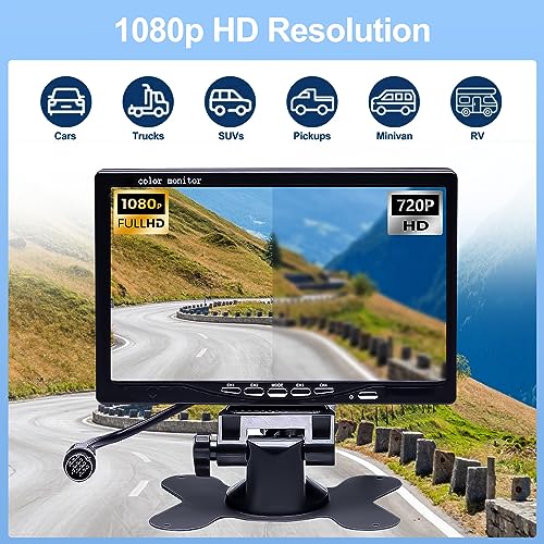CAMECHO Backup Camera Kit with 7" LCD Display Dual Camera and 4 Channel Quad Video Input, IP68 Waterproof Rearview Camera for Camper, Truck, RV and Trailers