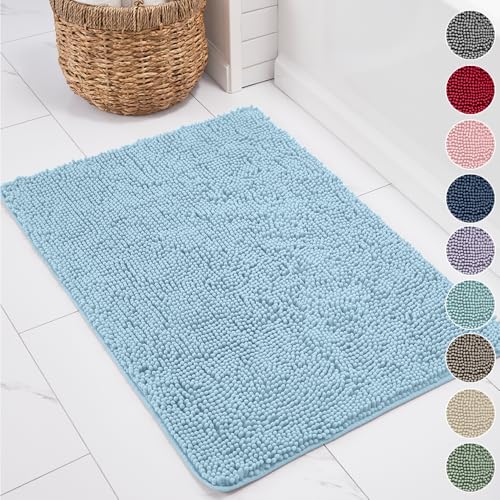 KANGAROO Bathroom Rugs, Chenille Soft Absorbent Bath Rug, Shaggy Shower Mat, Quick Dry Machine Wash Bathmat, Plush Carpet Mats for Tub, Bathtub and Room Home Decor Accessories, 24x17, Light Blue