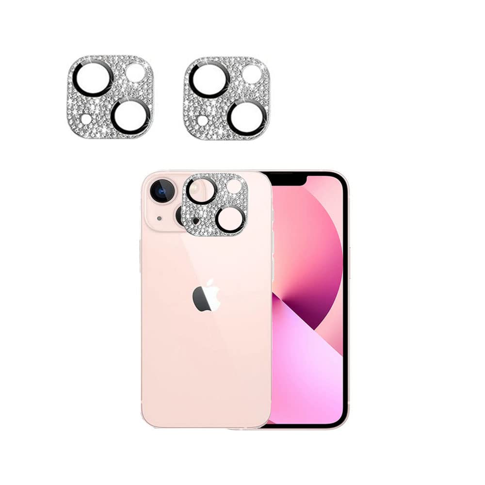 Winkinfly [2 Pack] Bling Diamond Metal+Glass Screen Full Protector Glitter Camera Lens Cover Compatible with iPhone13/13 mini-Silver
