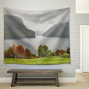 Stock Photo - Aurlandsfjord in The Mist, Near Aurland, Norway - Fabric Wall Tapestry Home Decor - 51x60 inches