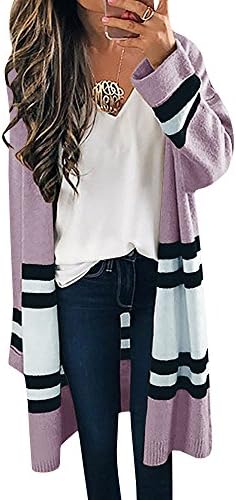 SUNMMWERY Womens Long Cardigans Yellow Color Block Open Front Long Sleeve Kint Cardigan Sweaters By (Small, Purple)