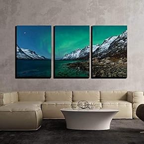 3 Piece Canvas Wall Art - Northern Lights Aurora Borealis in Norway - Modern Home Art Stretched and Framed Ready to Hang - 16"x24"x3 Panels