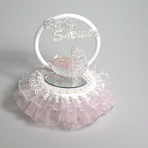 Spun Glass Baby Buggy Cake Top with Lace Trim and Silk Flowers White and Pink