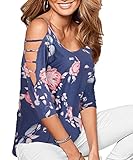 DREAGAL Girls Floral Print Off Shoulder Blouse 3/4 Sleeve T Shirt Tops Navy Blue Large