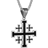 Rofusn Crusader Jerusalem Cross Pendant Necklace: Stainless Steel Cross Biker Necklace Chain for Men Women