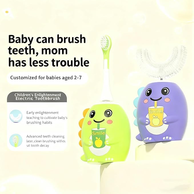 Cartoon Kids U-Shaped 360º Ultrasonic Electric Toothbrush cleaning Gift Box Set,Blue Led-Lights| IPX7 Waterproof | 5 Modes | 50s Smart Timer | 360° Full Mouth Cleaning Automatic(2-12age) (Pink)