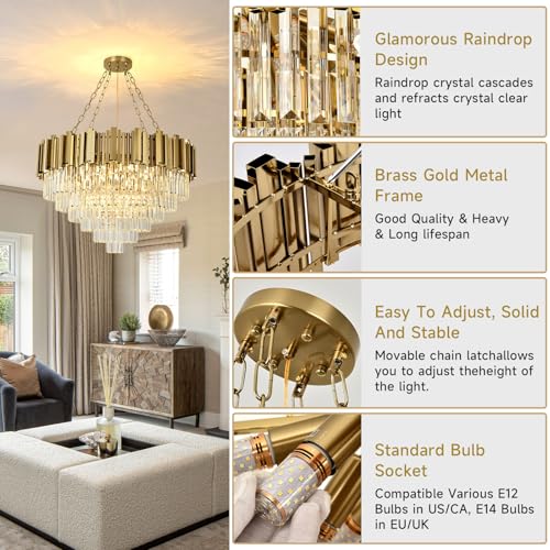 AOOCHOK Modern Gold Crystal Chandelier, Round Crystal Hanging Chandeliers, Ideal for Living Room, Dining Room, Bedroom and Restaurant, Φ80cm
