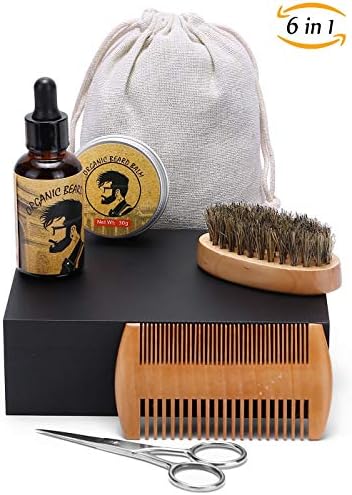 6in1 Beard Grooming Kit, Premium Beard Care Kit and Moustache Grooming Set-Beard Grooming and Trimming Set for Men Care-Viking Oil, Balm, Comb, Scissors, Board Bristle Brush- Travel Bag & Wooden Box