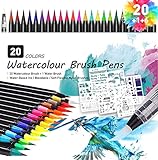Microwear Watercolor Brush Pens Set,20 Stylo Aquarelle+1 Aqua Brush+6 Pochoir,Fe