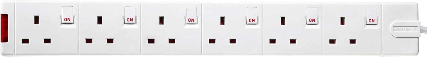 Masterplug Six Socket Rewireable Trailing Socket with Power Indicator and Individual Switches, without Plug and Cable, White - Image 3