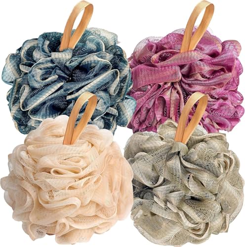 Fishent 60g Loofah Bath Sponge, 4 Pack Shower Loofahs Soft Mesh Pouf Shower Puffs Loofa Exfoliating Body Scrubber Ball for Men and Women