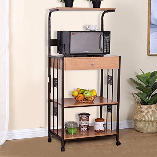 WATERJOY Bakers Rack Microwave Cart, Supreme 3-Tier Rolling Kitchen Microwave Oven Stand Storage Cart | Power Strip | Brown Metal Frame