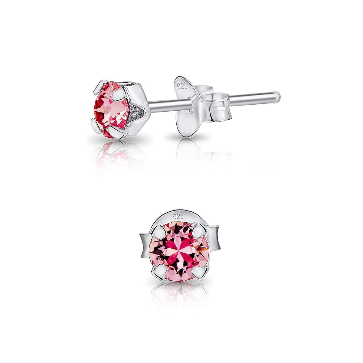 925 Sterling Silver Round SMALL Stud Earrings made with Glittering Crystals - Small Silver Studs Earrings for Woman - Diameter: 4 mm - Colour : Light Rose