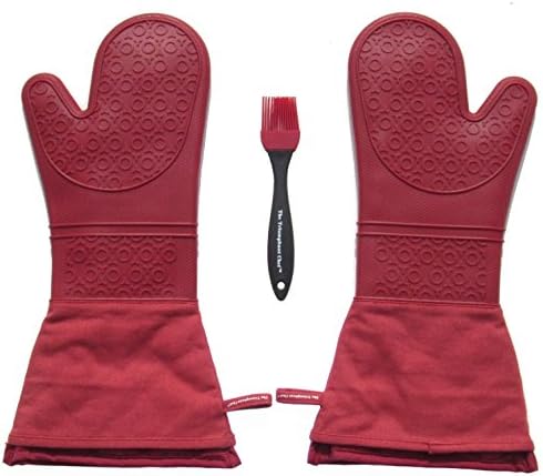 Super Flex Extra Long 17" Silicone Oven Mitt, Removable Quilted Liner, 1 Pair, Bonus Brush (Dark Red)