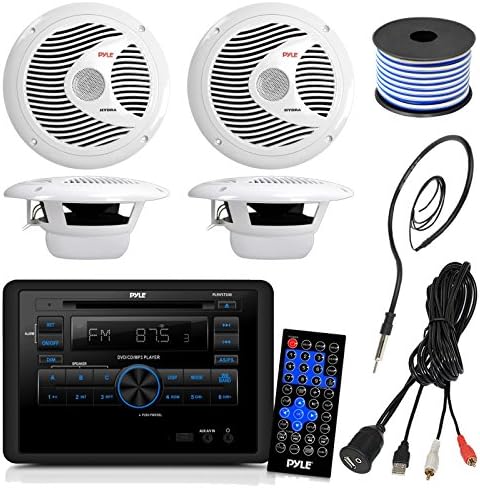 Pyle PLRVST300 RV Wall Mount Bluetooth CD/DVD Receiver Bundle Combo with 4X White 6-1/2'' Dual Cone Waterproof Stereo Speaker + Enrock Radio Antenna + USB/AUX to RCA Cable +18G 50-FT Wire