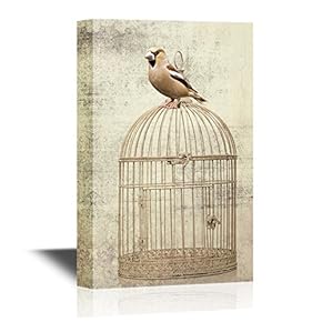 Canvas Wall Art - Bird Sitting on Bird Cage on Vintage Background - Gallery Wrap Modern Home Art | Ready to Hang - 12x18 inches