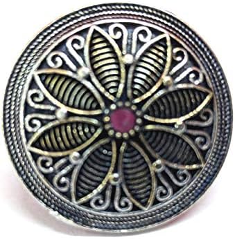Silver Flower Design Adjustable Oxidised Ring - Red - Jewellery by Urja