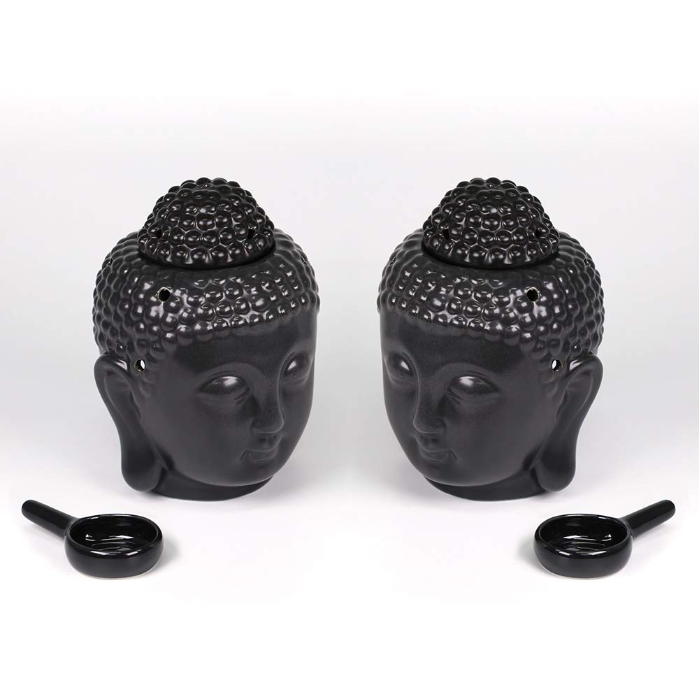 EVERGD Buddha Head Wax Melt Candle Oil Burners with Tealight Spoon Essential Oil Burner Aromatherapy for Yoga Spa Home Office Decorative Gift (Black, 2)