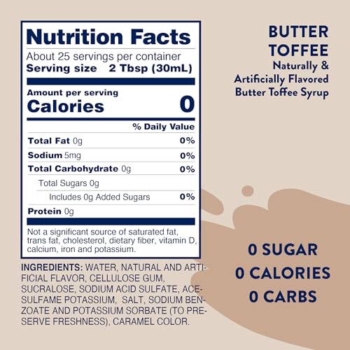 JORDAN’S SKINNY SYRUPS SUGAR FREE COFFEE SYRUP, BUTTER TOFFEE FLAVOR DRINK MIX, ZERO CALORIE FLAVORING FOR LATTES, PROTEIN SHAKE, FOOD & MORE, GLUTEN FREE, KETO FRIENDLY, 25.4 FL OZ, 1 PACK