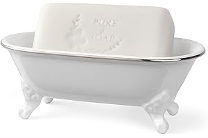 NEWHENGS 6.5" Ceramic Mini Decorative Clawfoot Bathtub Bar Soap Dish, Kitchen Sponge Holder and Shower Tray for Bathroom, 1 Pack (White Silver Rim)