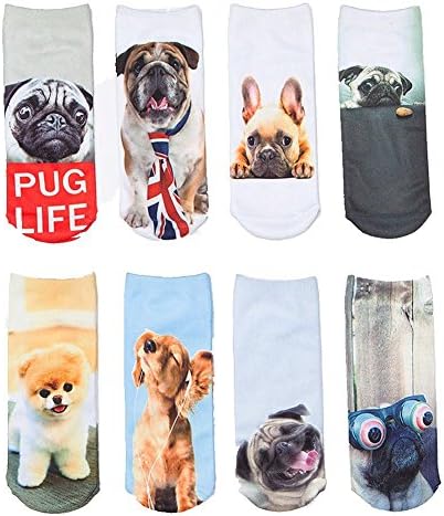 Lilac Beauty Women's Cute Cartton Dog Funny Cotton Ankle Socks 3D Multi Pattern Printed Pack, 8 Pairs