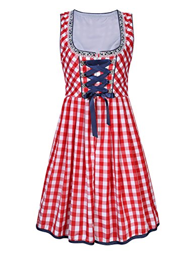 KoJooin Women's German Dirndl Dress 3 Pieces Oktoberfest Costumes (L, Red Plaid) - Thumbnail 4