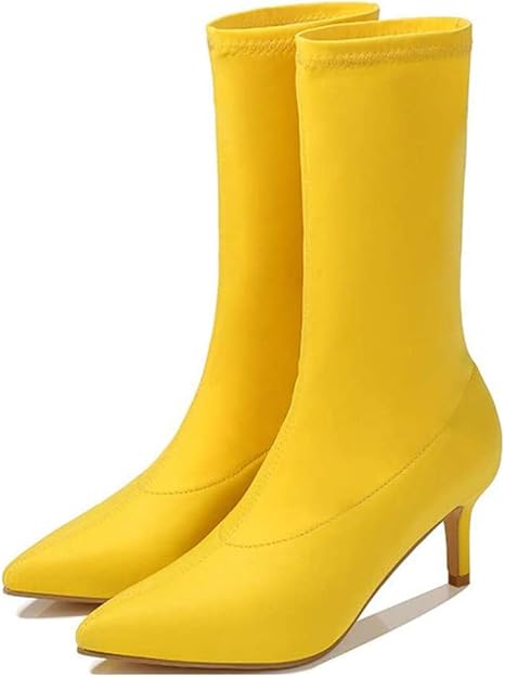 Amazon Co Jp ストレッチブーツの靴で女性のビジネスワークブーツ 尖った子猫ヒールスエードソックスプル パーティードレスブーツ イエロー 36 ホーム キッチン